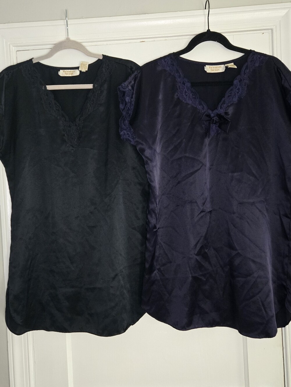 Victoria's Secret Black and Plum Satin Lace Trim Sleep Dress 2 Pc Bundle P-Small